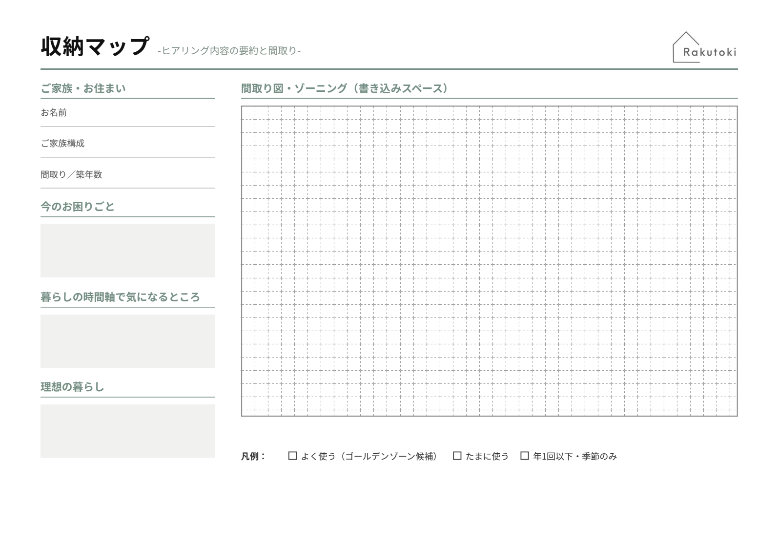 整える準備プランでお渡しする収納マップのフォーマット見本（未記入）